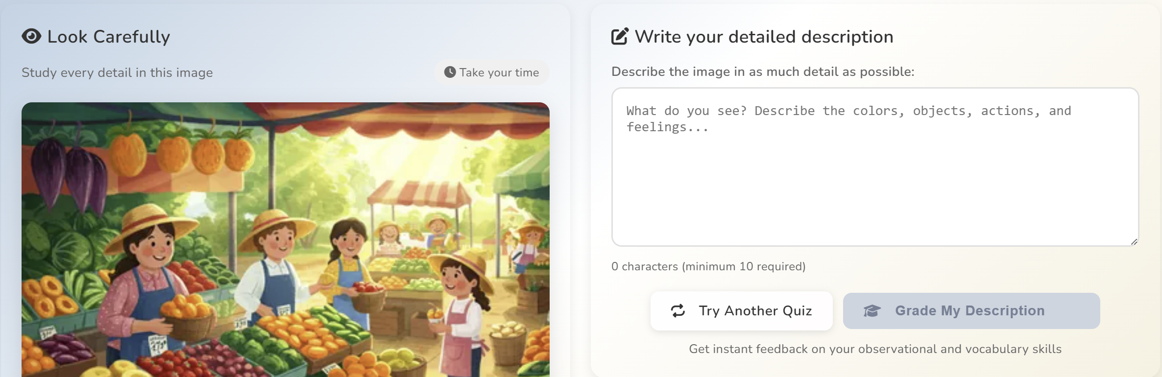 Kids learning with Obin - describing a farmers market scene